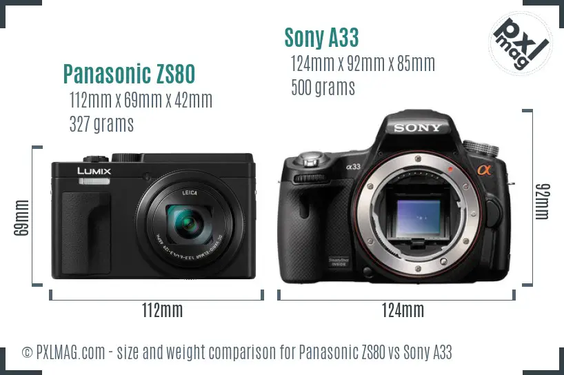 Panasonic ZS80 vs Sony A33 size comparison