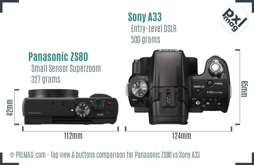 Panasonic ZS80 vs Sony A33 top view buttons comparison