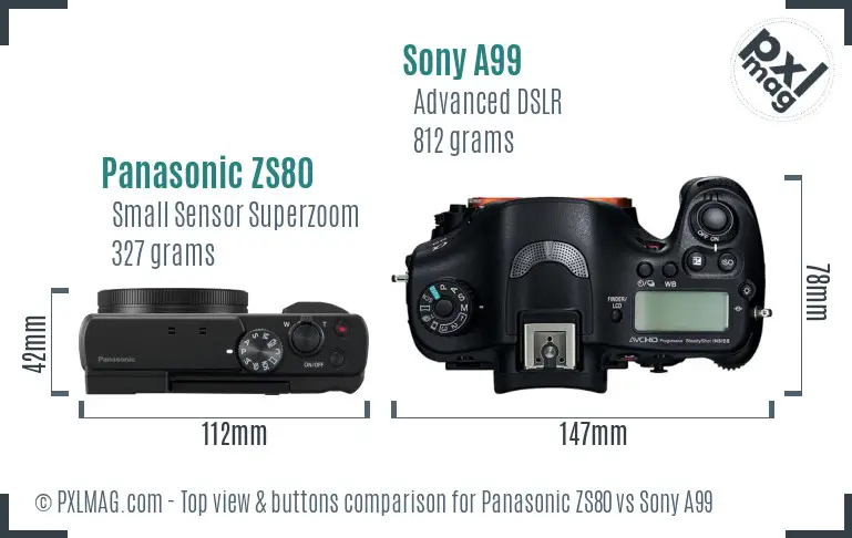 Panasonic ZS80 vs Sony A99 top view buttons comparison Panasonic ZS80 vs Sony A99 top view buttons comparison