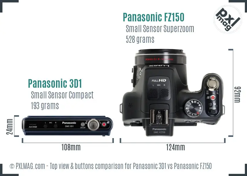 Panasonic 3D1 vs Panasonic FZ150 top view buttons comparison Panasonic 3D1 vs Panasonic FZ150 top view buttons comparison