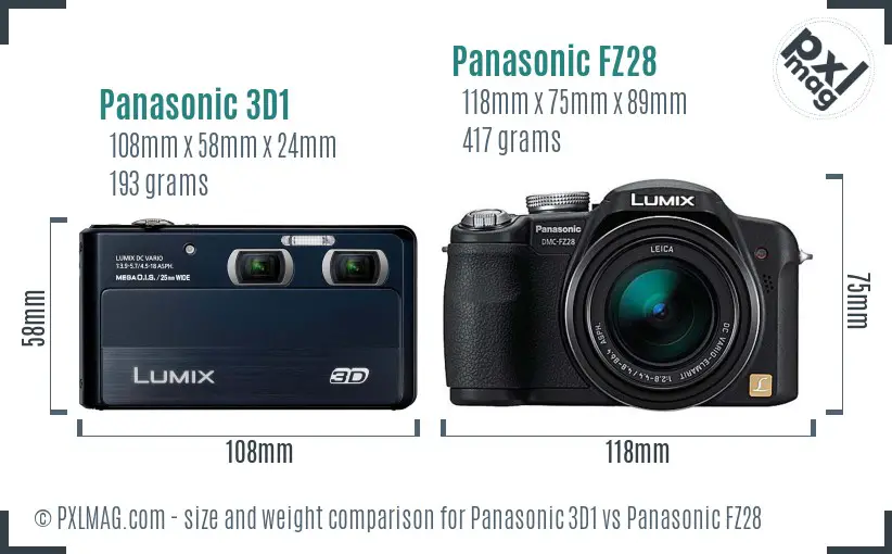 Panasonic 3D1 vs Panasonic FZ28 size comparison