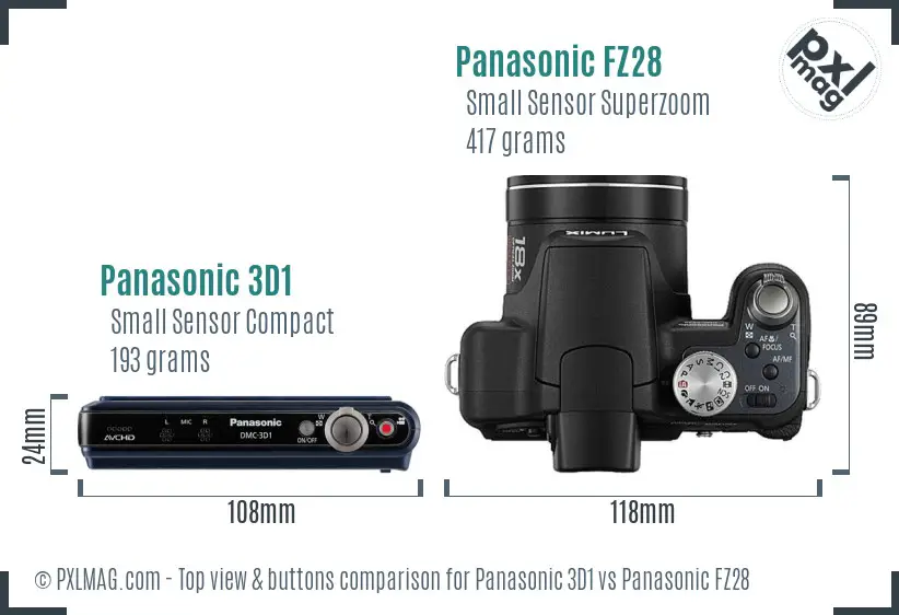 Panasonic 3D1 vs Panasonic FZ28 top view buttons comparison