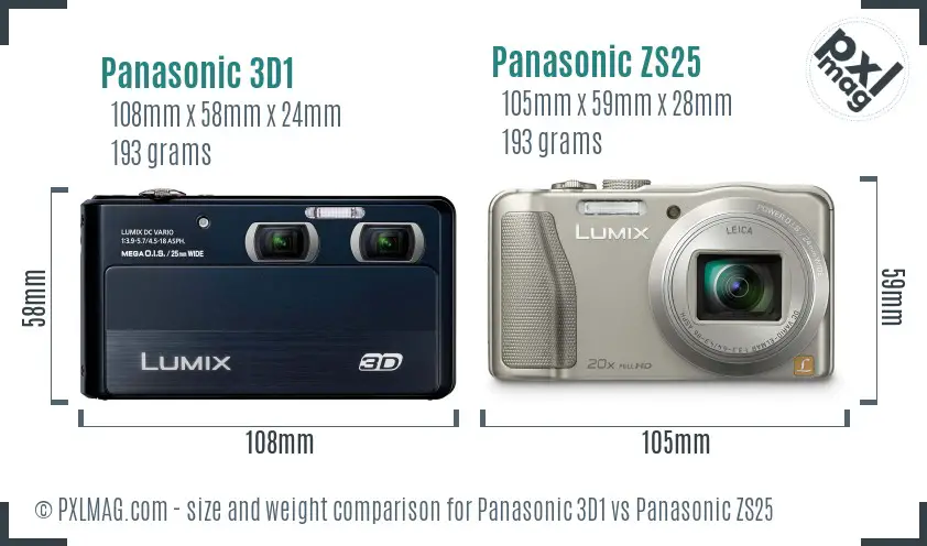 Panasonic 3D1 vs Panasonic ZS25 size comparison
