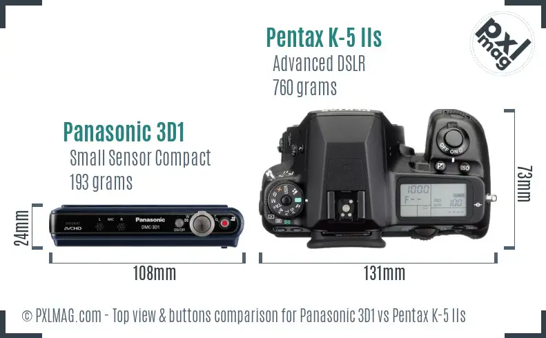 Panasonic 3D1 vs Pentax K-5 IIs top view buttons comparison