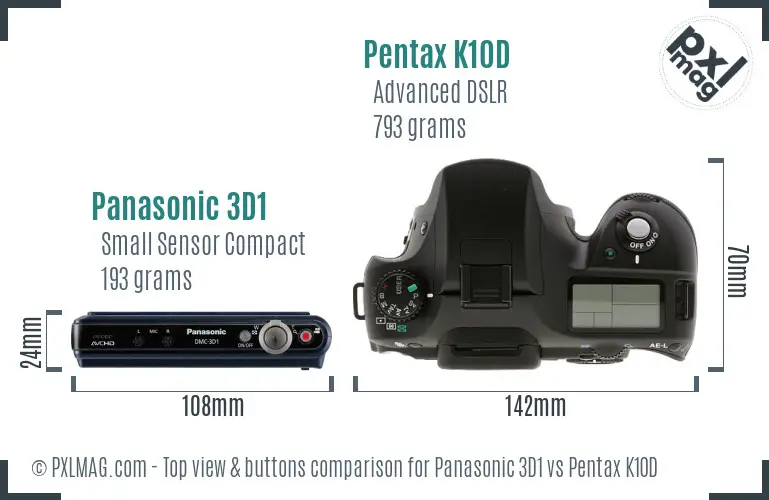 Panasonic 3D1 vs Pentax K10D top view buttons comparison