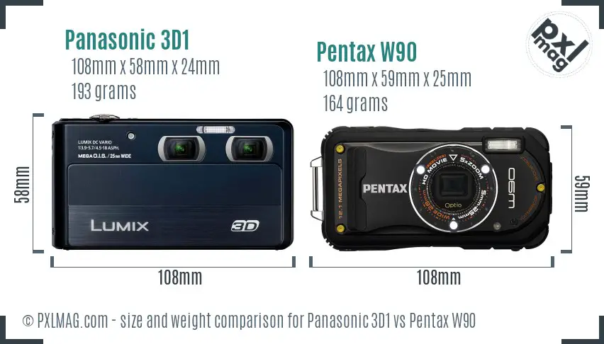 Panasonic 3D1 vs Pentax W90 size comparison