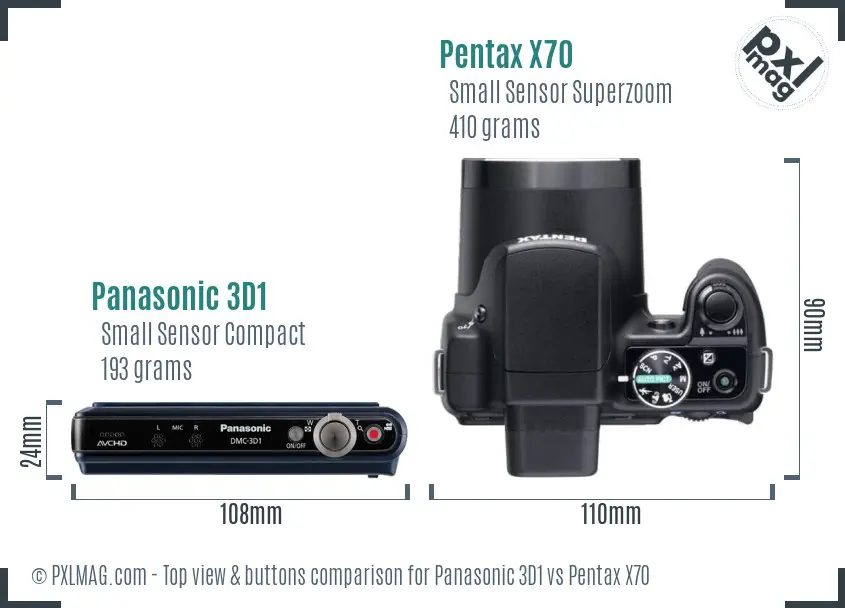 Panasonic 3D1 vs Pentax X70 top view buttons comparison Panasonic 3D1 vs Pentax X70 top view buttons comparison