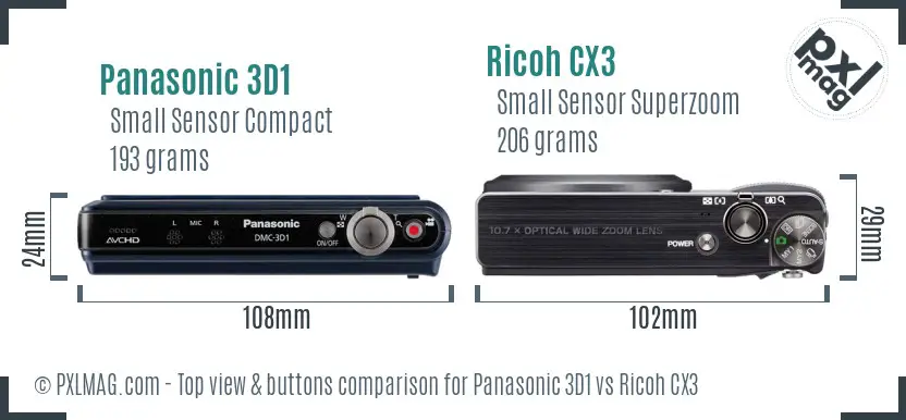 Panasonic 3D1 vs Ricoh CX3 top view buttons comparison