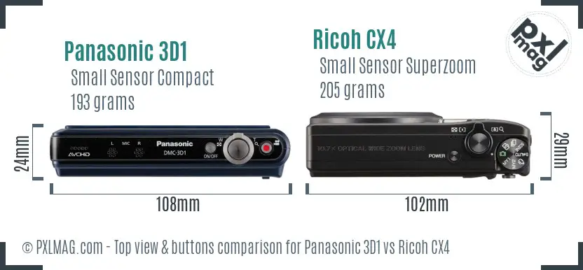 Panasonic 3D1 vs Ricoh CX4 top view buttons comparison