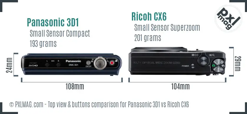 Panasonic 3D1 vs Ricoh CX6 top view buttons comparison