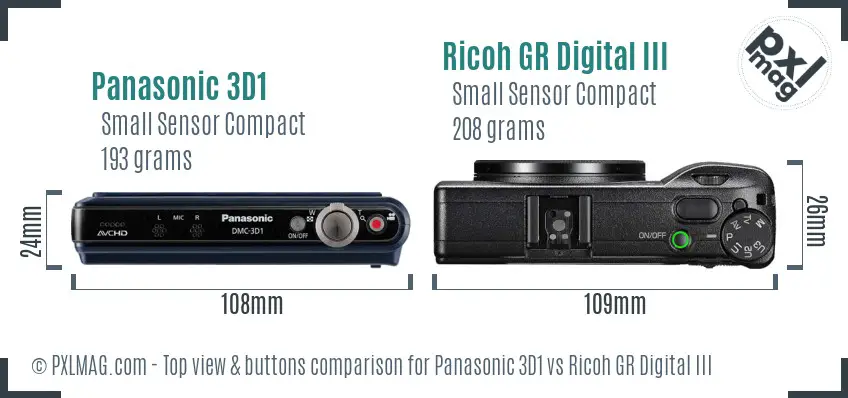 Panasonic 3D1 vs Ricoh GR Digital III top view buttons comparison