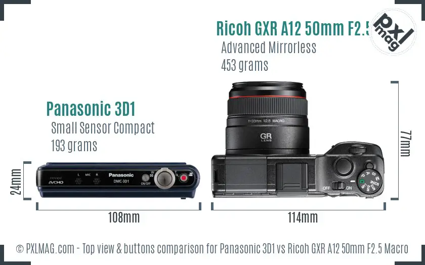 Panasonic 3D1 vs Ricoh GXR A12 50mm F2.5 Macro top view buttons comparison