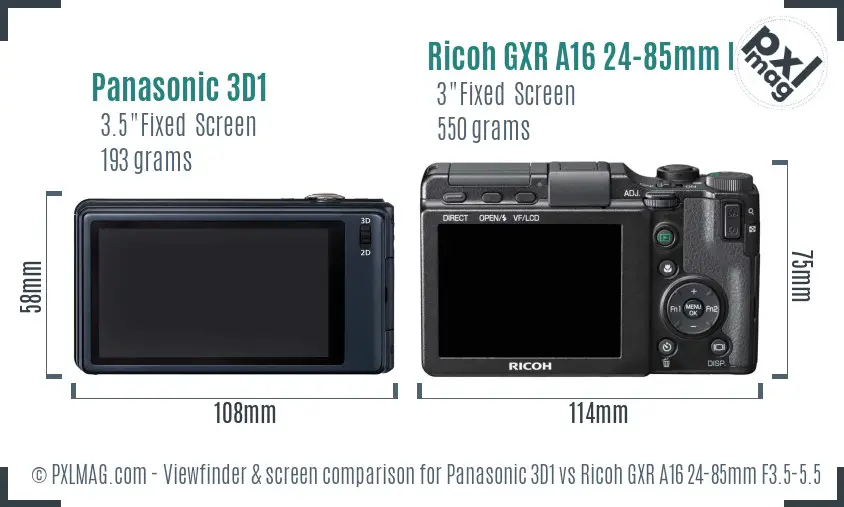 Panasonic 3D1 vs Ricoh GXR A16 24-85mm F3.5-5.5 Screen and Viewfinder comparison Panasonic 3D1 vs Ricoh GXR A16 24-85mm F3.5-5.5 Screen and Viewfinder comparison
