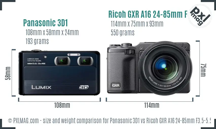 Panasonic 3D1 vs Ricoh GXR A16 24-85mm F3.5-5.5 size comparison Panasonic 3D1 vs Ricoh GXR A16 24-85mm F3.5-5.5 size comparison