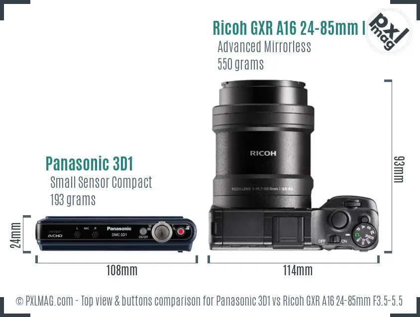 Panasonic 3D1 vs Ricoh GXR A16 24-85mm F3.5-5.5 top view buttons comparison Panasonic 3D1 vs Ricoh GXR A16 24-85mm F3.5-5.5 top view buttons comparison