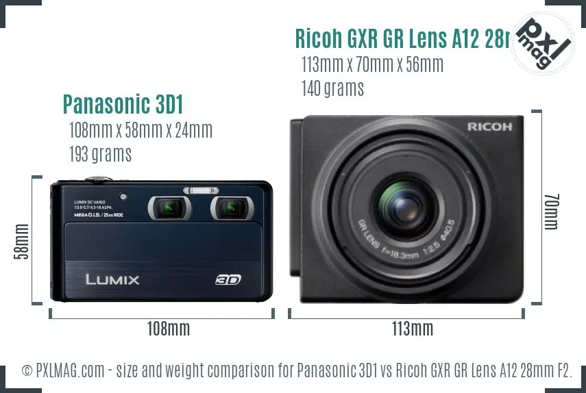 Panasonic 3D1 vs Ricoh GXR GR Lens A12 28mm F2.5 size comparison