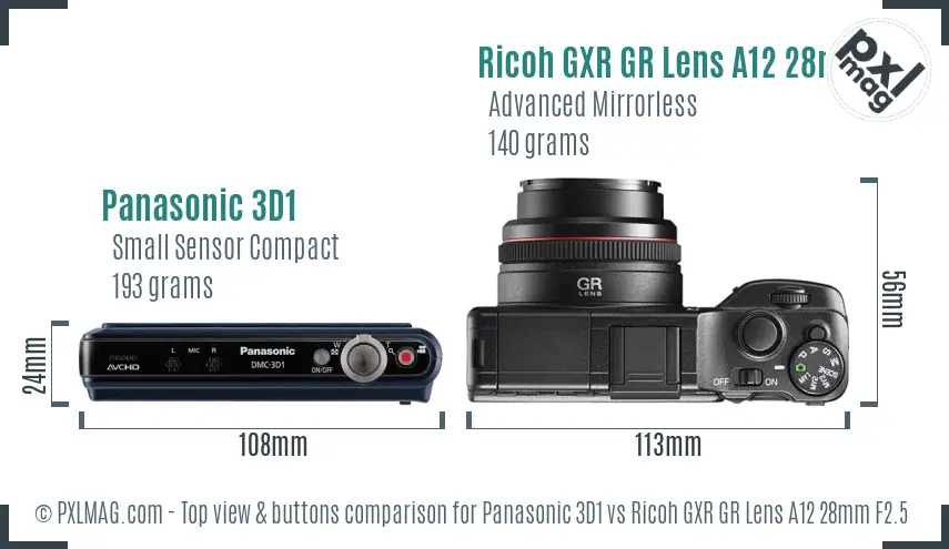Panasonic 3D1 vs Ricoh GXR GR Lens A12 28mm F2.5 top view buttons comparison