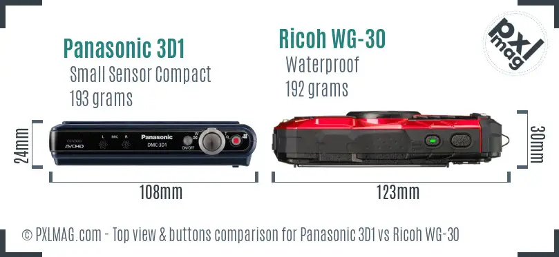 Panasonic 3D1 vs Ricoh WG-30 top view buttons comparison Panasonic 3D1 vs Ricoh WG-30 top view buttons comparison