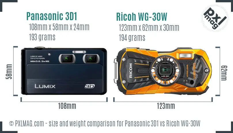 Panasonic 3D1 vs Ricoh WG-30W size comparison