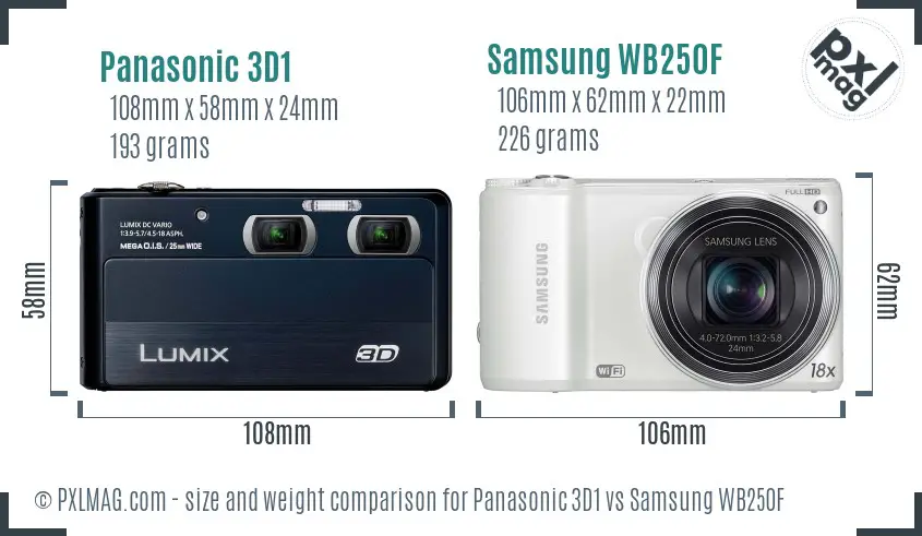 Panasonic 3D1 vs Samsung WB250F size comparison