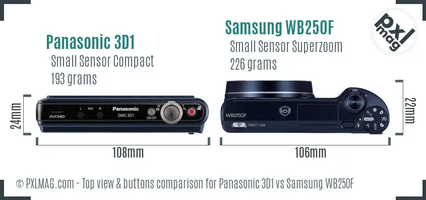 Panasonic 3D1 vs Samsung WB250F top view buttons comparison