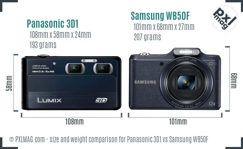 Panasonic 3D1 vs Samsung WB50F size comparison