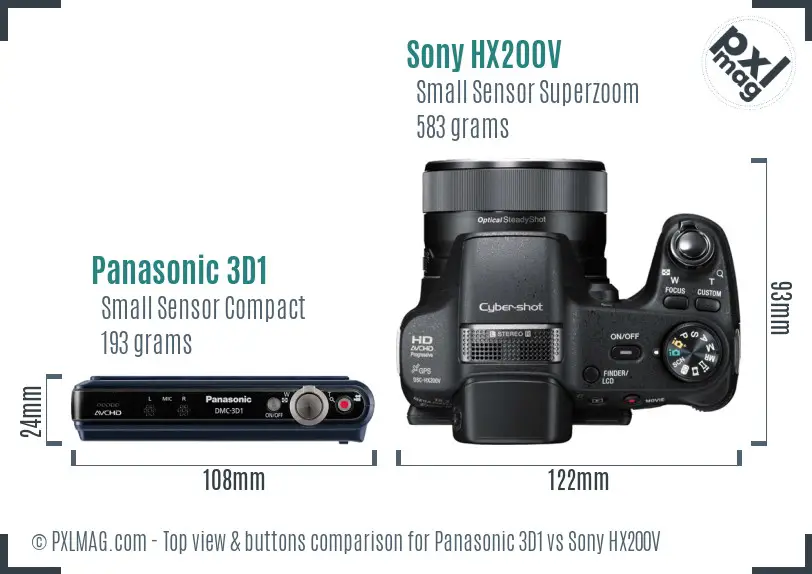Panasonic 3D1 vs Sony HX200V top view buttons comparison