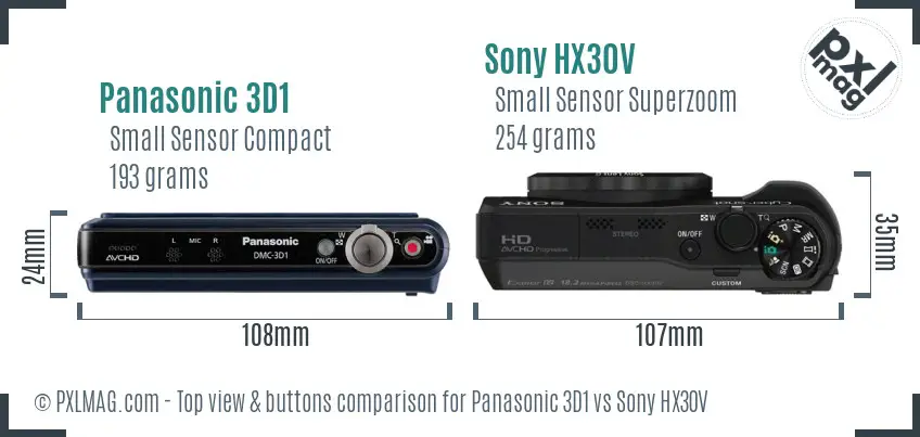 Panasonic 3D1 vs Sony HX30V top view buttons comparison