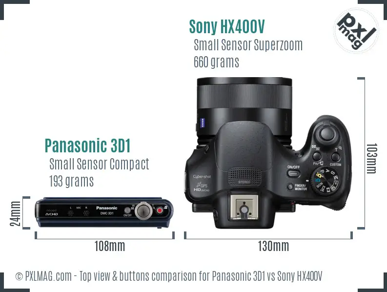 Panasonic 3D1 vs Sony HX400V top view buttons comparison