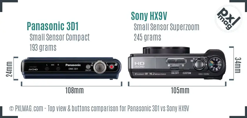 Panasonic 3D1 vs Sony HX9V top view buttons comparison