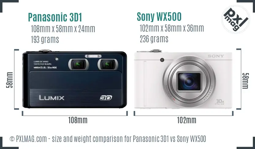 Panasonic 3D1 vs Sony WX500 size comparison