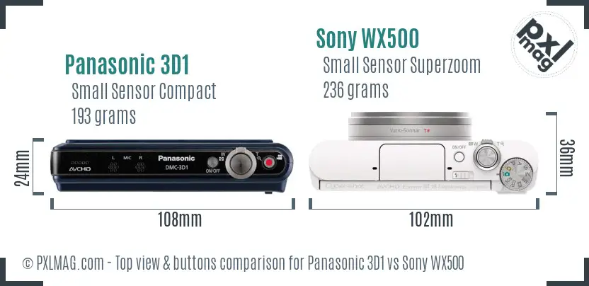 Panasonic 3D1 vs Sony WX500 top view buttons comparison
