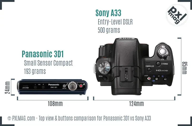 Panasonic 3D1 vs Sony A33 top view buttons comparison Panasonic 3D1 vs Sony A33 top view buttons comparison