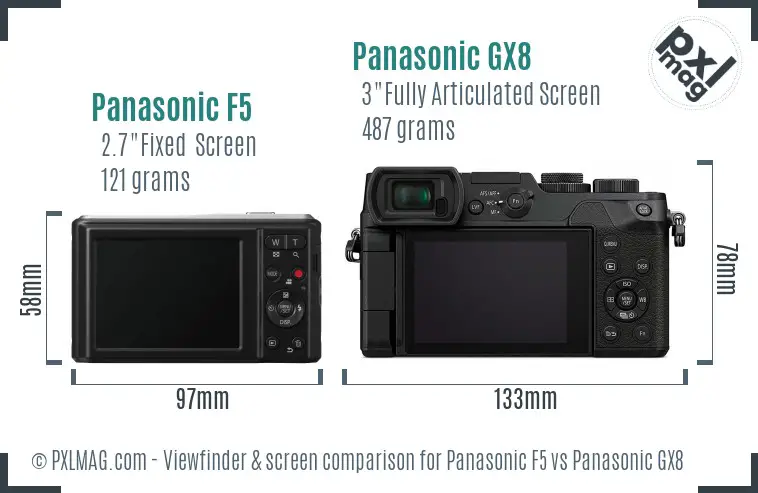 Panasonic F5 vs Panasonic GX8 Screen and Viewfinder comparison Panasonic F5 vs Panasonic GX8 Screen and Viewfinder comparison