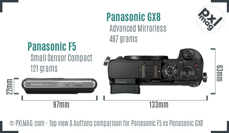 Panasonic F5 vs Panasonic GX8 top view buttons comparison Panasonic F5 vs Panasonic GX8 top view buttons comparison