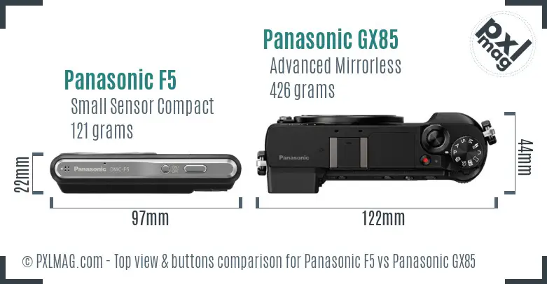 Panasonic F5 vs Panasonic GX85 top view buttons comparison Panasonic F5 vs Panasonic GX85 top view buttons comparison
