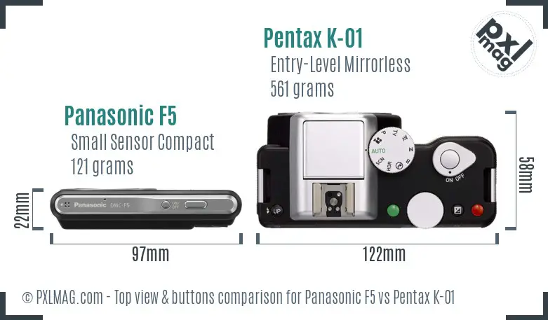 Panasonic F5 vs Pentax K-01 top view buttons comparison