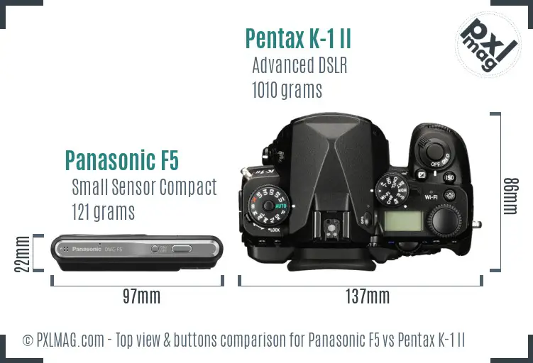 Panasonic F5 vs Pentax K-1 II top view buttons comparison