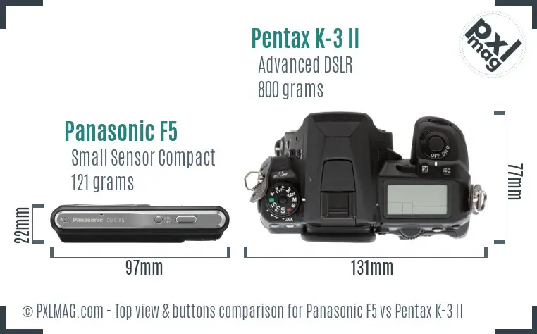 Panasonic F5 vs Pentax K-3 II top view buttons comparison