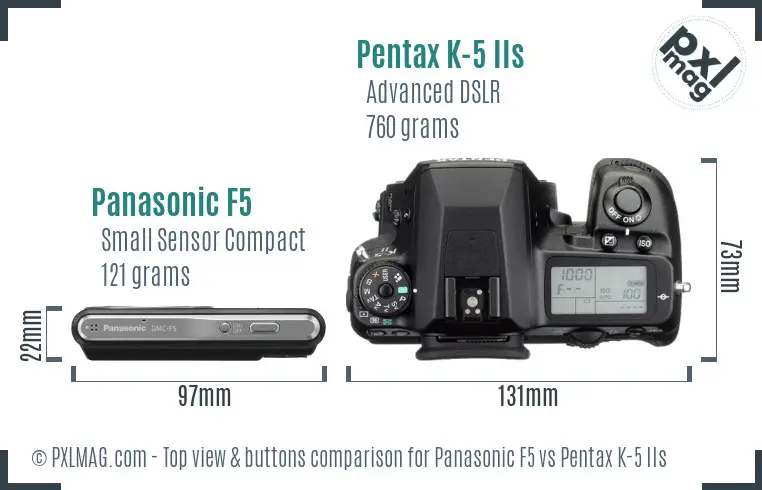 Panasonic F5 vs Pentax K-5 IIs top view buttons comparison