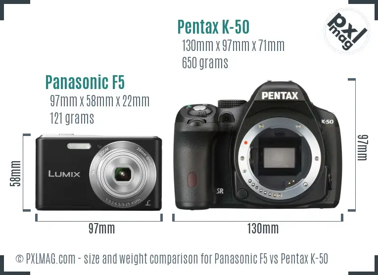 Panasonic F5 vs Pentax K-50 size comparison