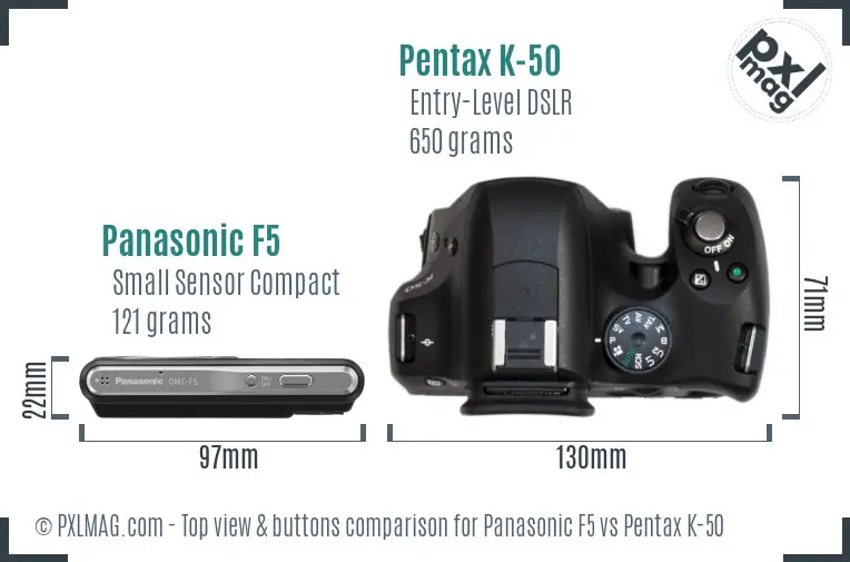 Panasonic F5 vs Pentax K-50 top view buttons comparison