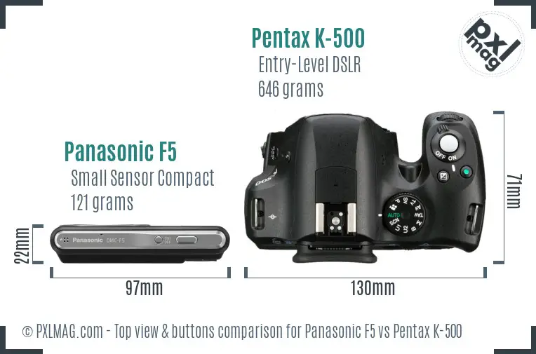 Panasonic F5 vs Pentax K-500 top view buttons comparison