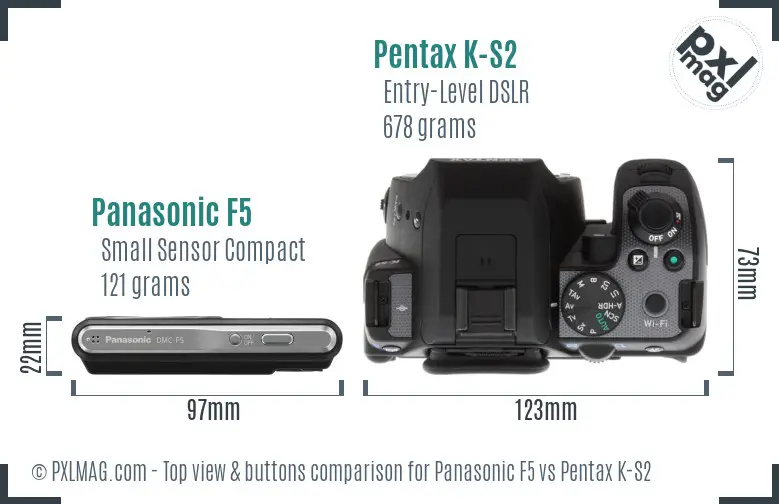 Panasonic F5 vs Pentax K-S2 top view buttons comparison