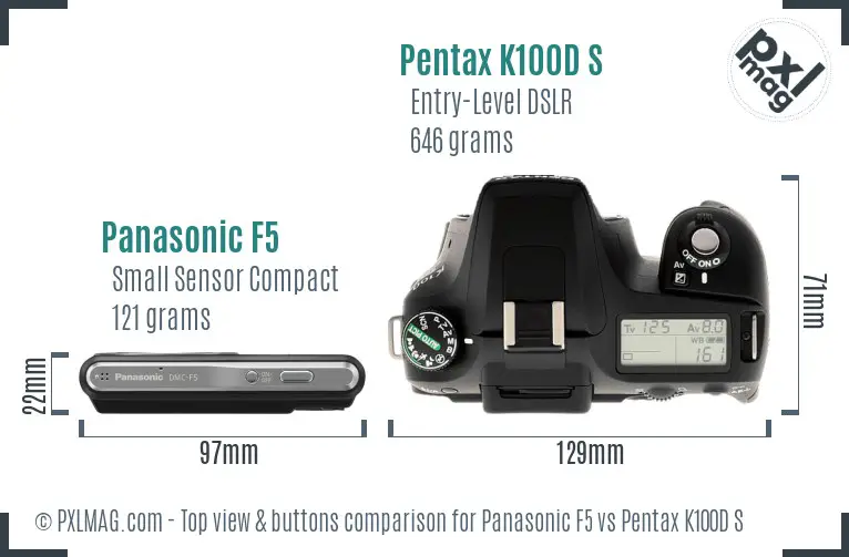 Panasonic F5 vs Pentax K100D S top view buttons comparison