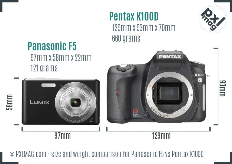 Panasonic F5 vs Pentax K100D size comparison