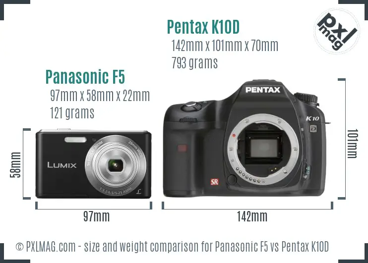 Panasonic F5 vs Pentax K10D size comparison