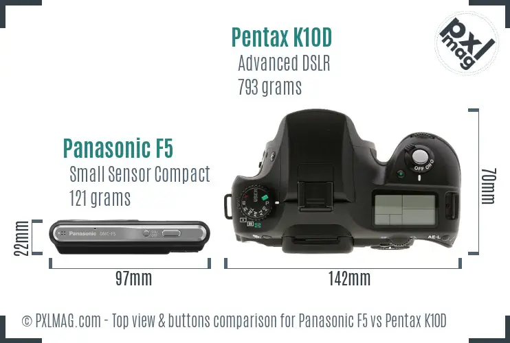 Panasonic F5 vs Pentax K10D top view buttons comparison