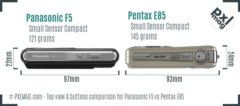 Panasonic F5 vs Pentax E85 top view buttons comparison