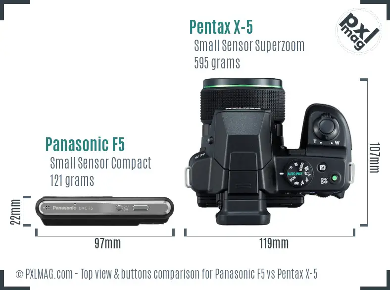 Panasonic F5 vs Pentax X-5 top view buttons comparison